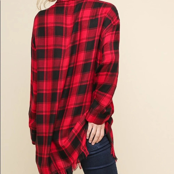 NWT Umgee boutique buffalo plaid tunic high low frayed hem sz L - Picture 3 of 11